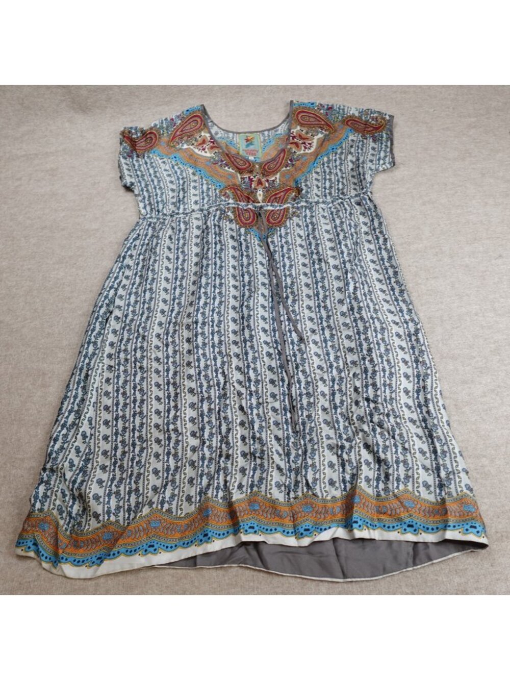Johnny Was Womens Dress 1X Blue Gray Paisley Short Sleeve 100% Silk